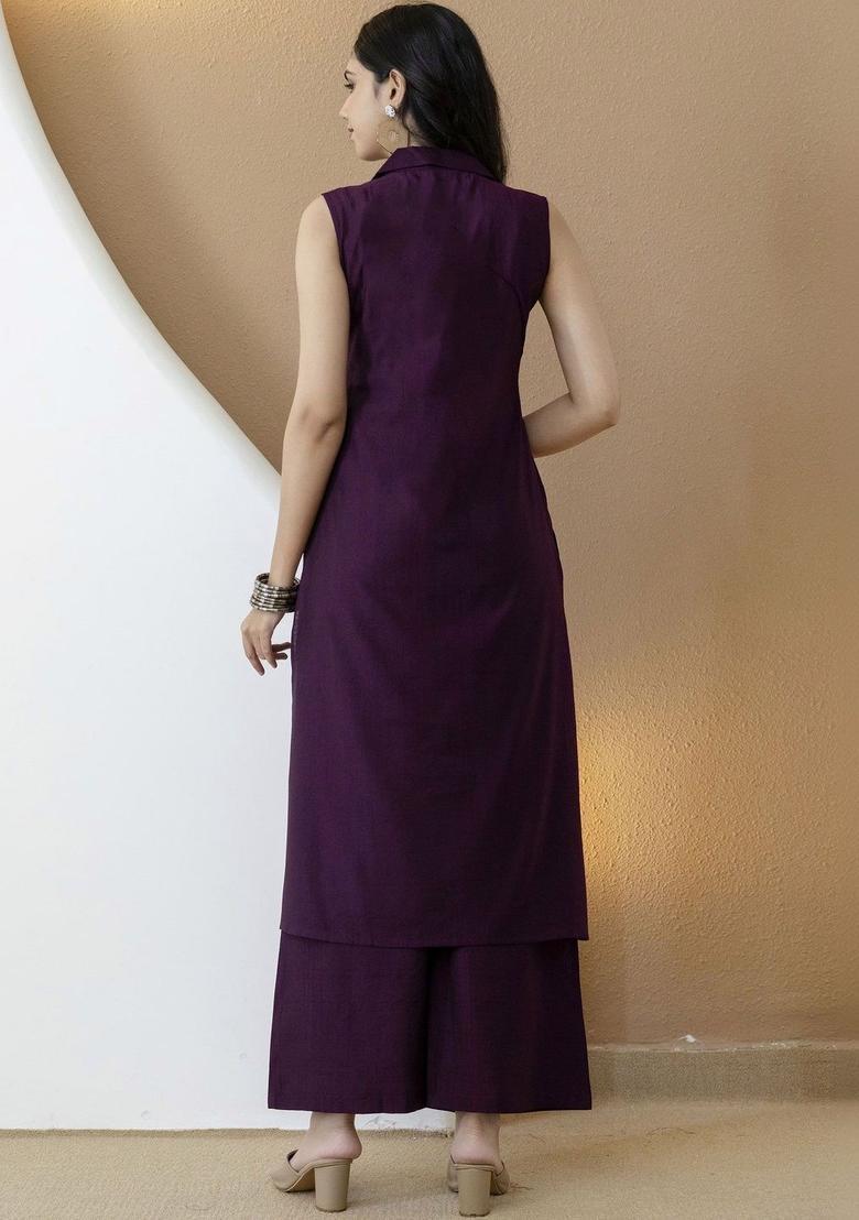 Purple Solid Silk Kurta Set - Indya