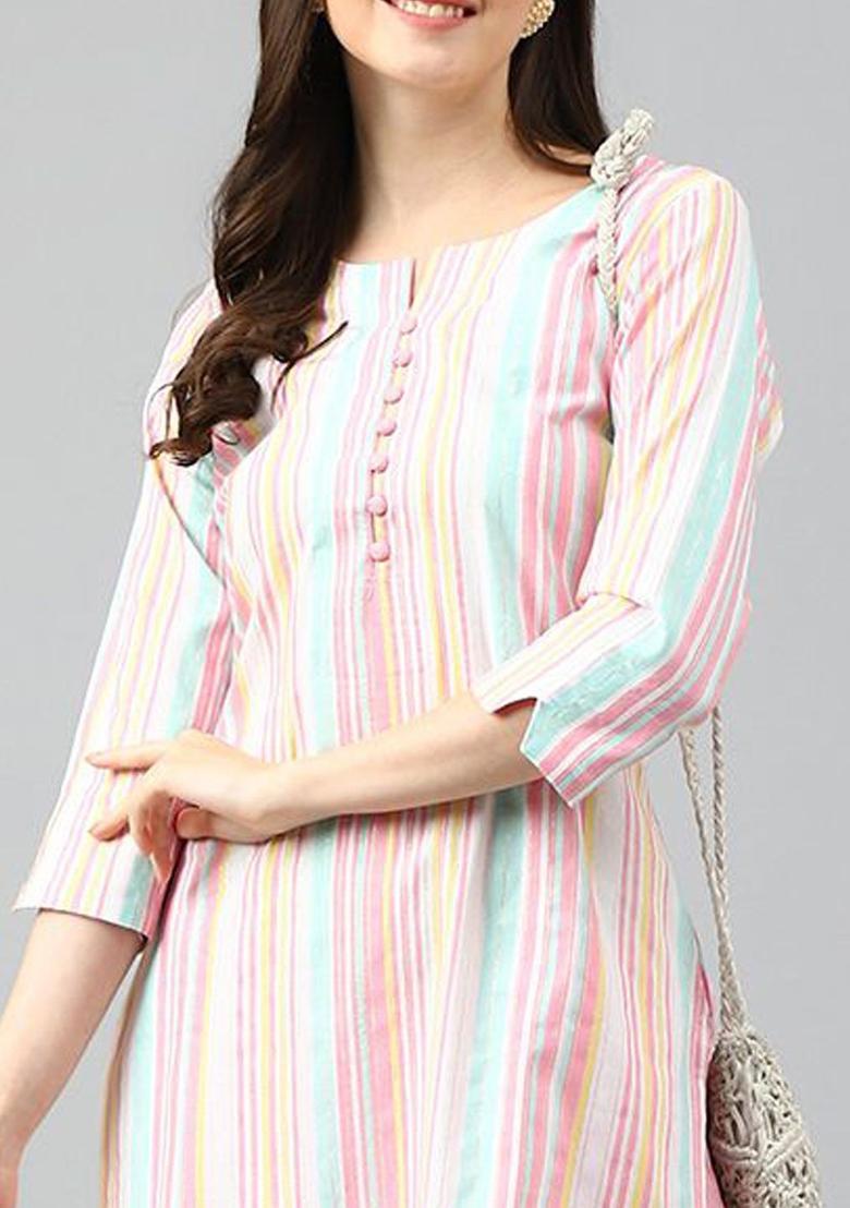 Pink Striped Cotton Kurta Set - Indya