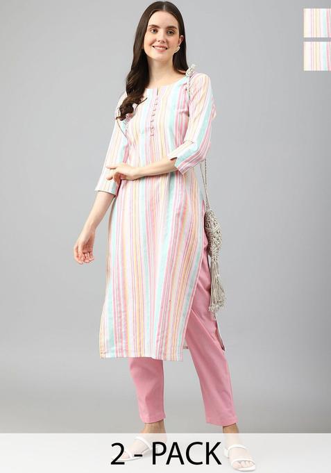 Pink Striped Cotton Kurta Set — view on Indya