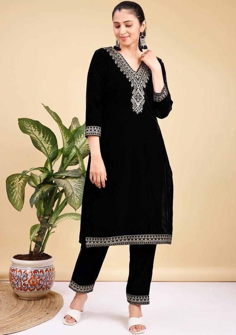 Black Embroidered Velvet Kurta Set - Indya
