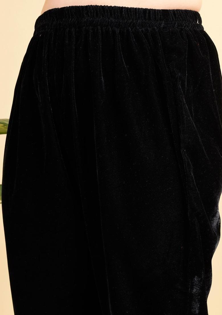 Black Embroidered Velvet Kurta Set - Indya