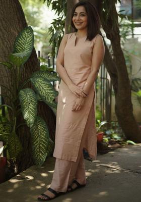 Peach Solid Viscose Kurta Set