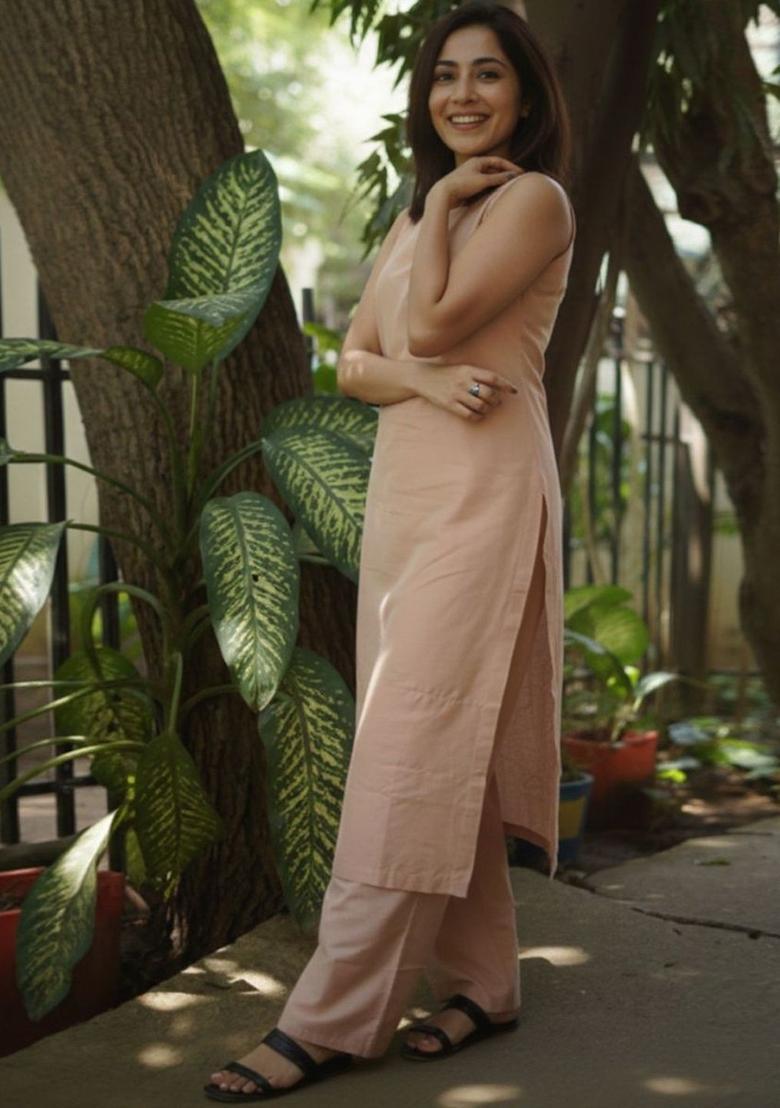 Peach Solid Viscose Kurta Set - Indya