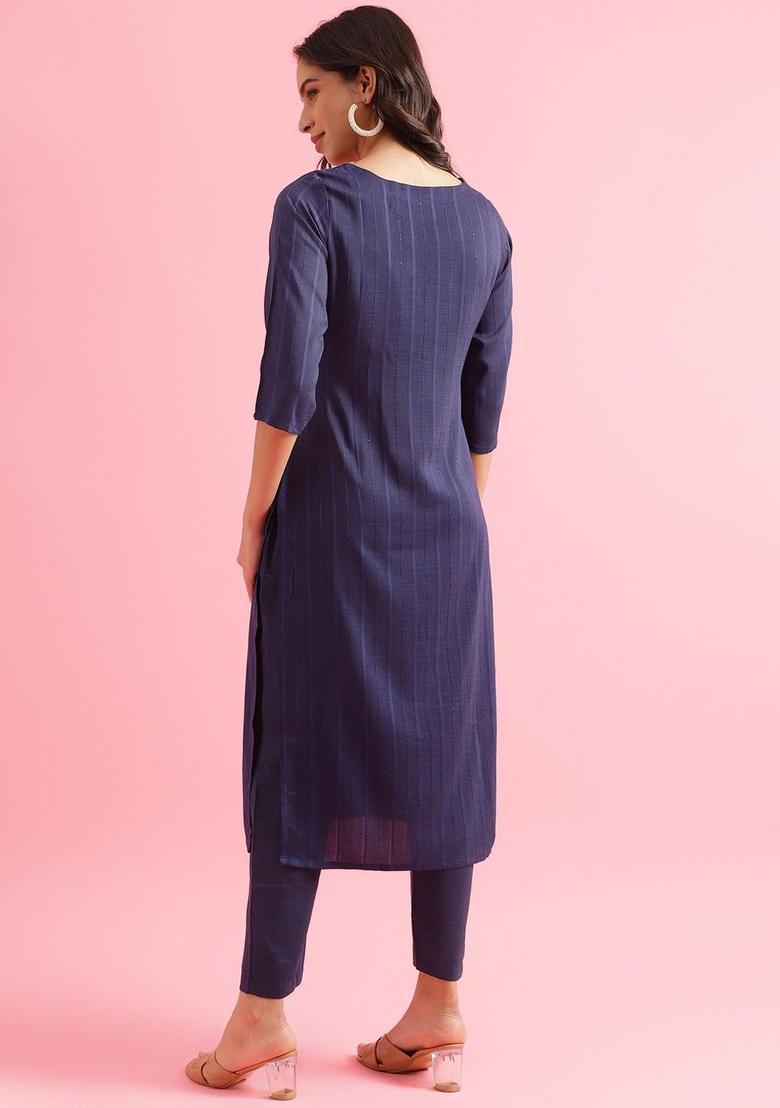 Blue Woven Design Silk Kurta Set - Indya