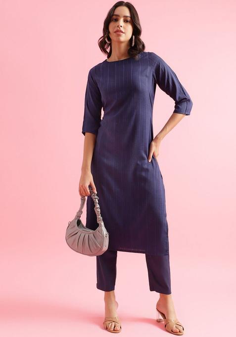 Blue Woven Design Silk Kurta Set — view on Indya