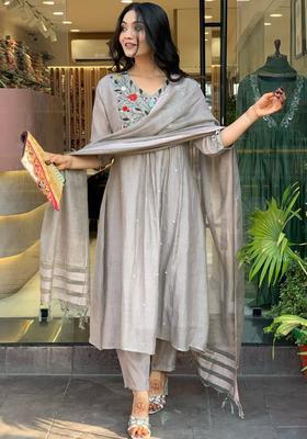 Grey Embroidered Chinon Kurta Set