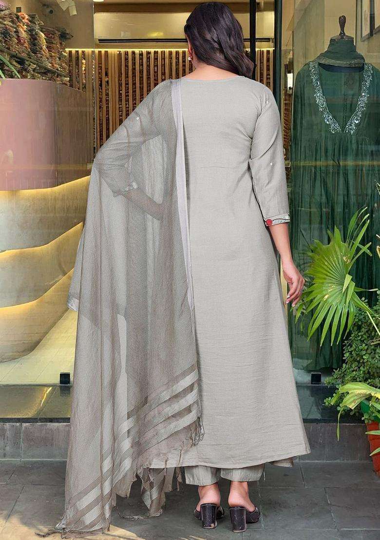 Grey Embroidered Chinon Kurta Set - Indya