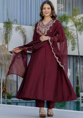 Maroon Embroidered Chinon Kurta Set