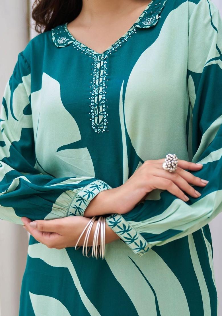 Green Printed Viscose Kurta Set - Indya