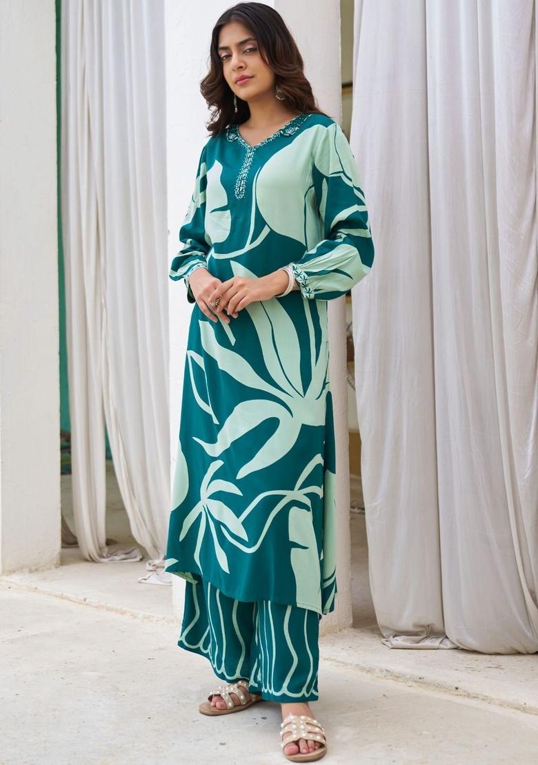 Green Printed Viscose Kurta Set - Indya