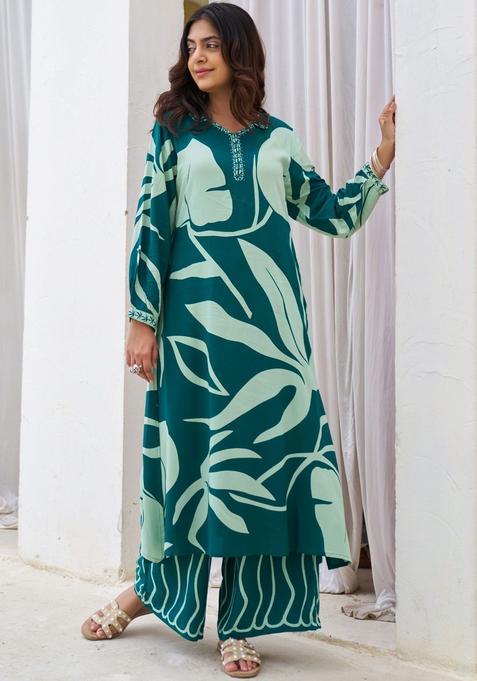 Green Printed Viscose Kurta Set — view on Indya
