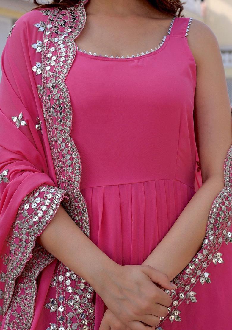 Pink Embroidered Georgette Kurta Set - Indya