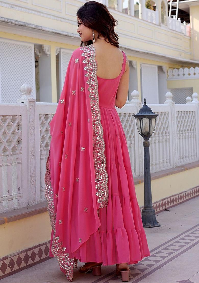 Pink Embroidered Georgette Kurta Set - Indya