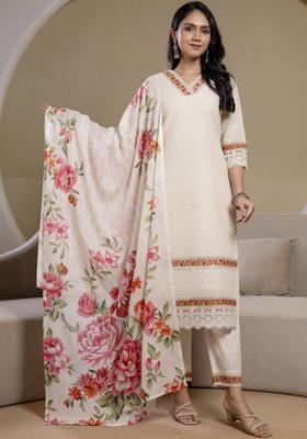 White Self Design Cotton Kurta Set