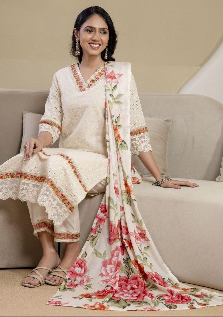 White Self Design Cotton Kurta Set - Indya