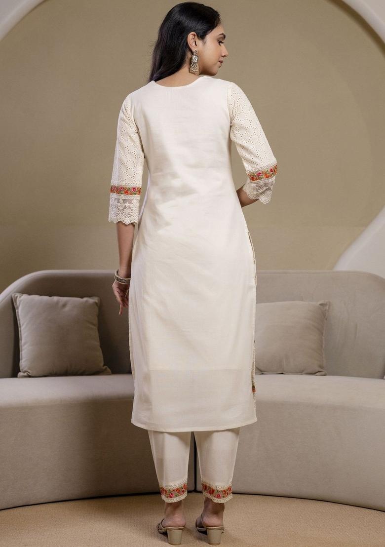 White Self Design Cotton Kurta Set - Indya