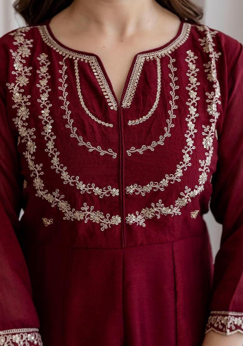 Maroon Embroidered Silk Kurta Set - Indya