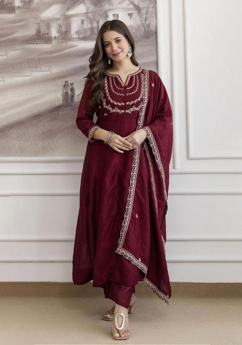 Maroon Embroidered Silk Kurta Set