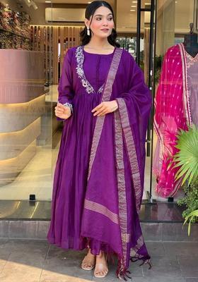 Purple Embroidered Chinon Kurta Set