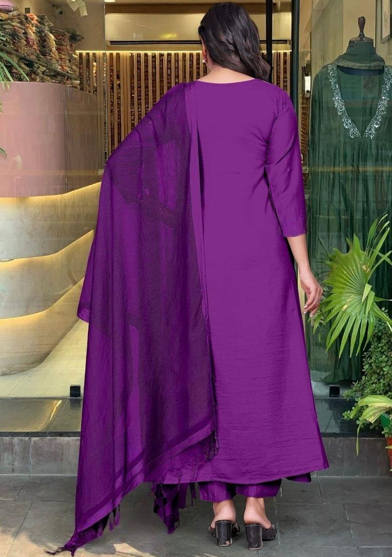 Purple Embroidered Chinon Kurta Set - Indya