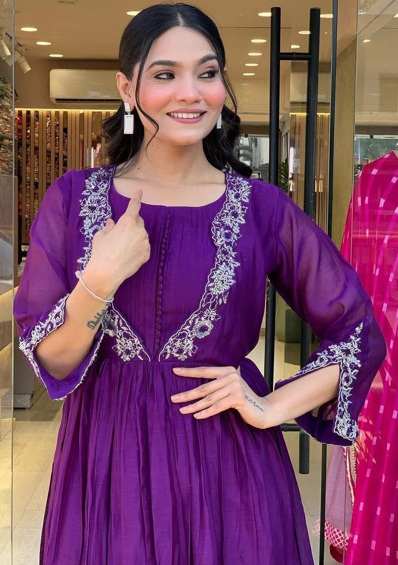 Purple Embroidered Chinon Kurta Set - Indya