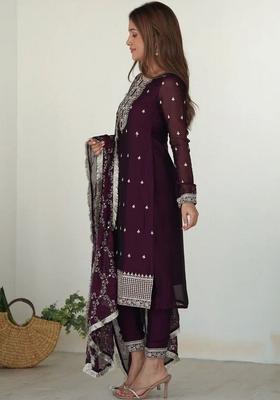 Purple Embroidered Georgette Kurta Set