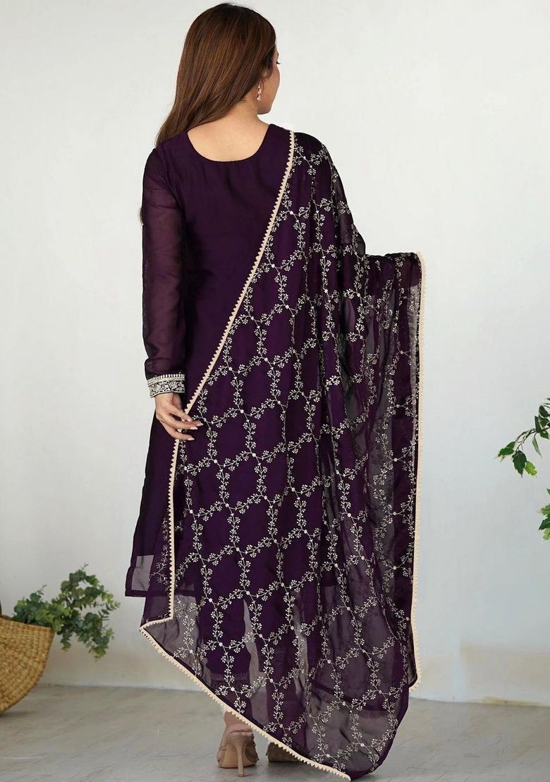 Purple Embroidered Georgette Kurta Set - Indya