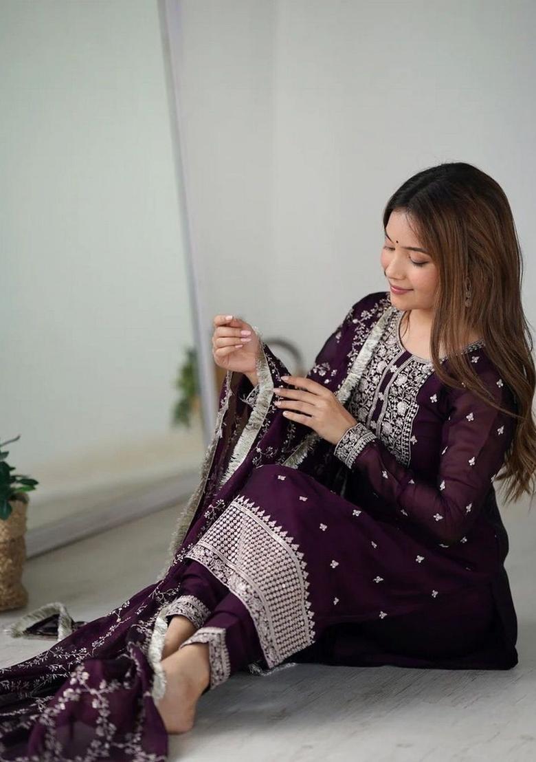 Purple Embroidered Georgette Kurta Set - Indya