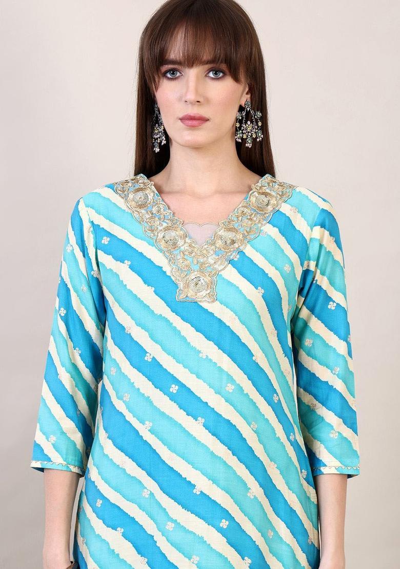 Blue Embroidered Cotton Kurta Set - Indya