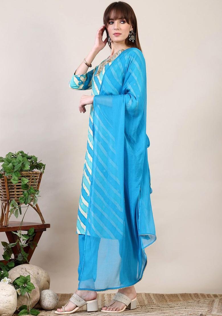 Blue Embroidered Cotton Kurta Set - Indya