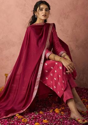 Pink Woven Design Silk Blend Kurta Set