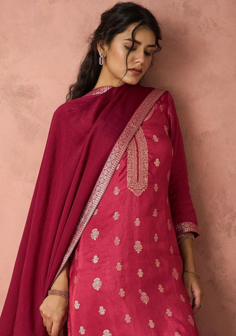 Pink Woven Design Silk Kurta Set - Indya