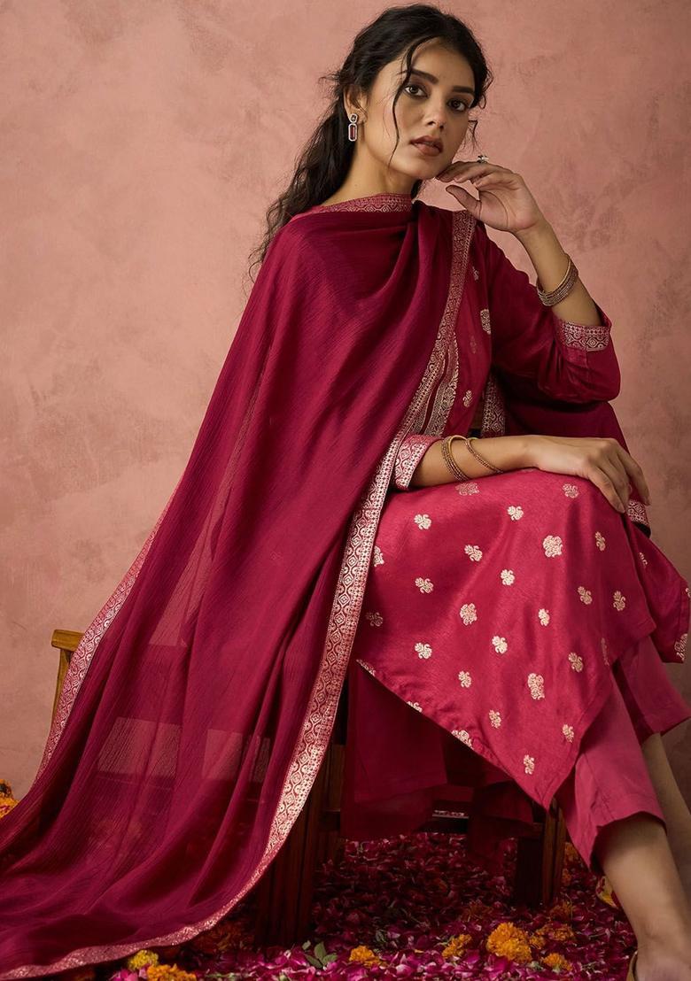 Pink Woven Design Silk Kurta Set - Indya
