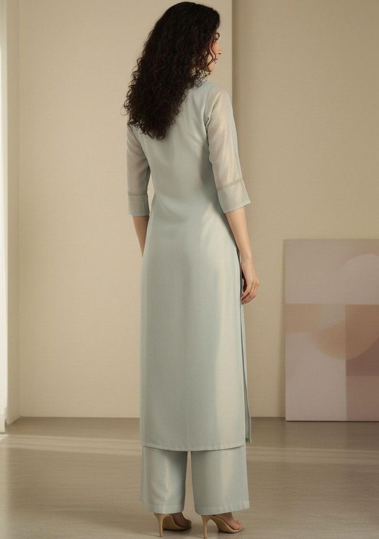 Green Self Design Silk Kurta Set - Indya