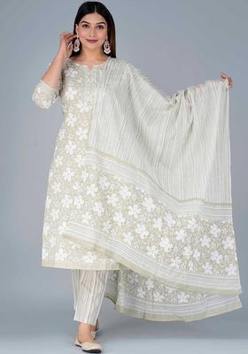 Grey Printed Cotton Kurta Set
