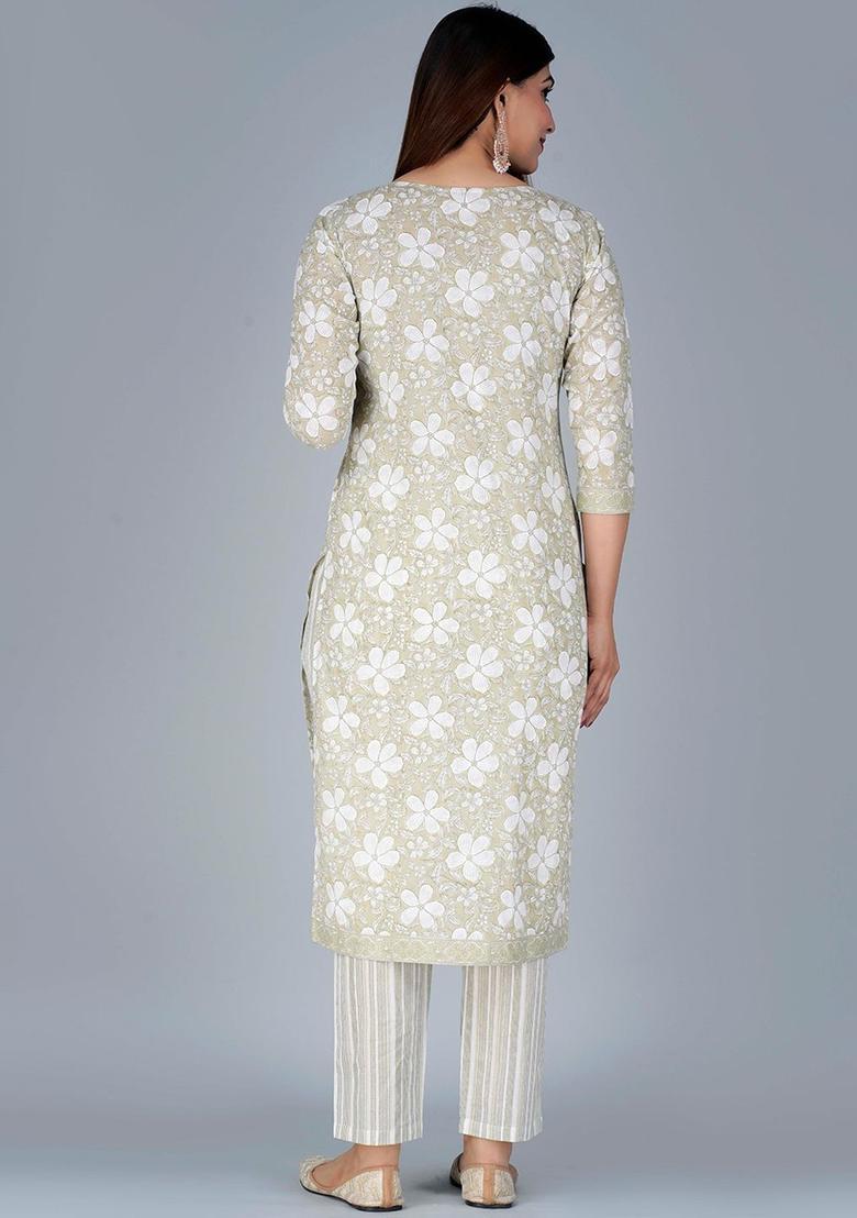 Grey Printed Cotton Kurta Set - Indya