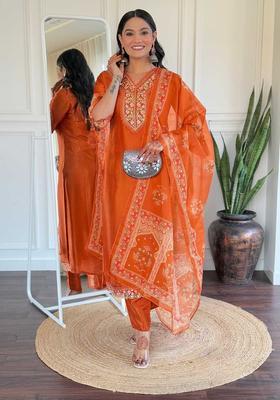 Orange Yoke Design Viscose Kurta Set