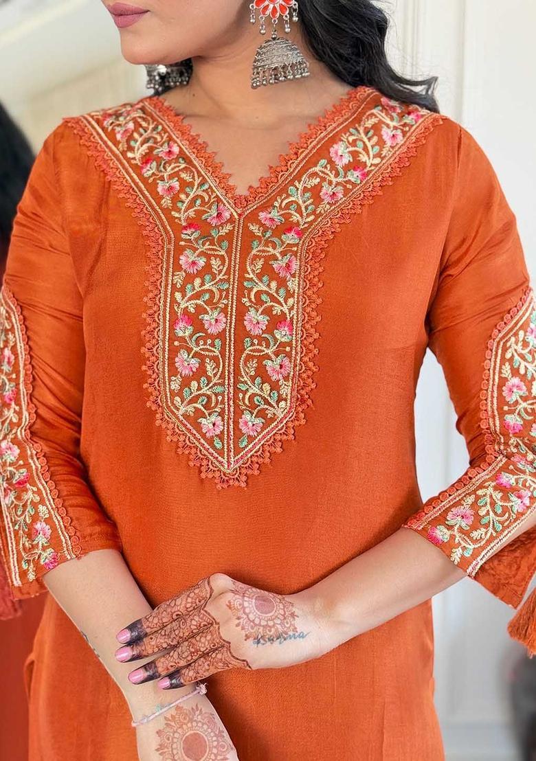 Orange Yoke Design Viscose Kurta Set - Indya