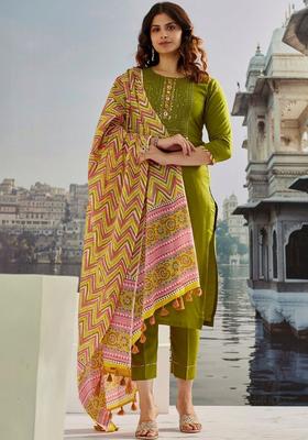 Olive Embroidered Cotton Kurta Set