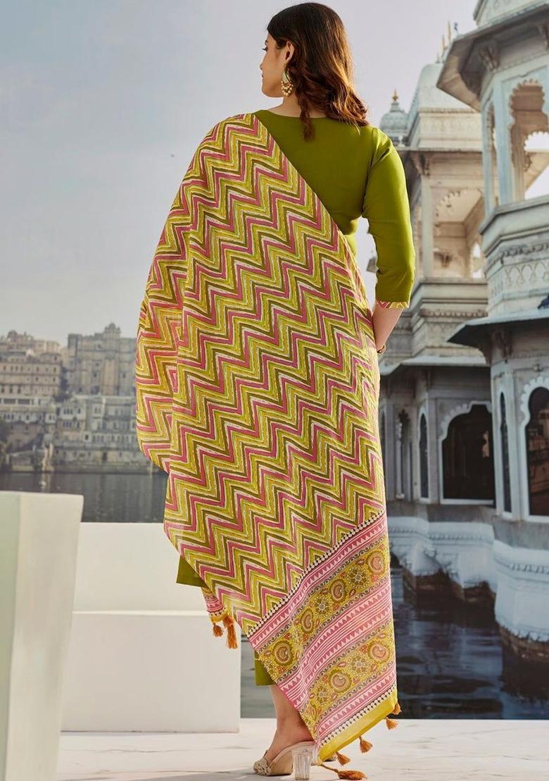 Olive Embroidered Cotton Kurta Set - Indya