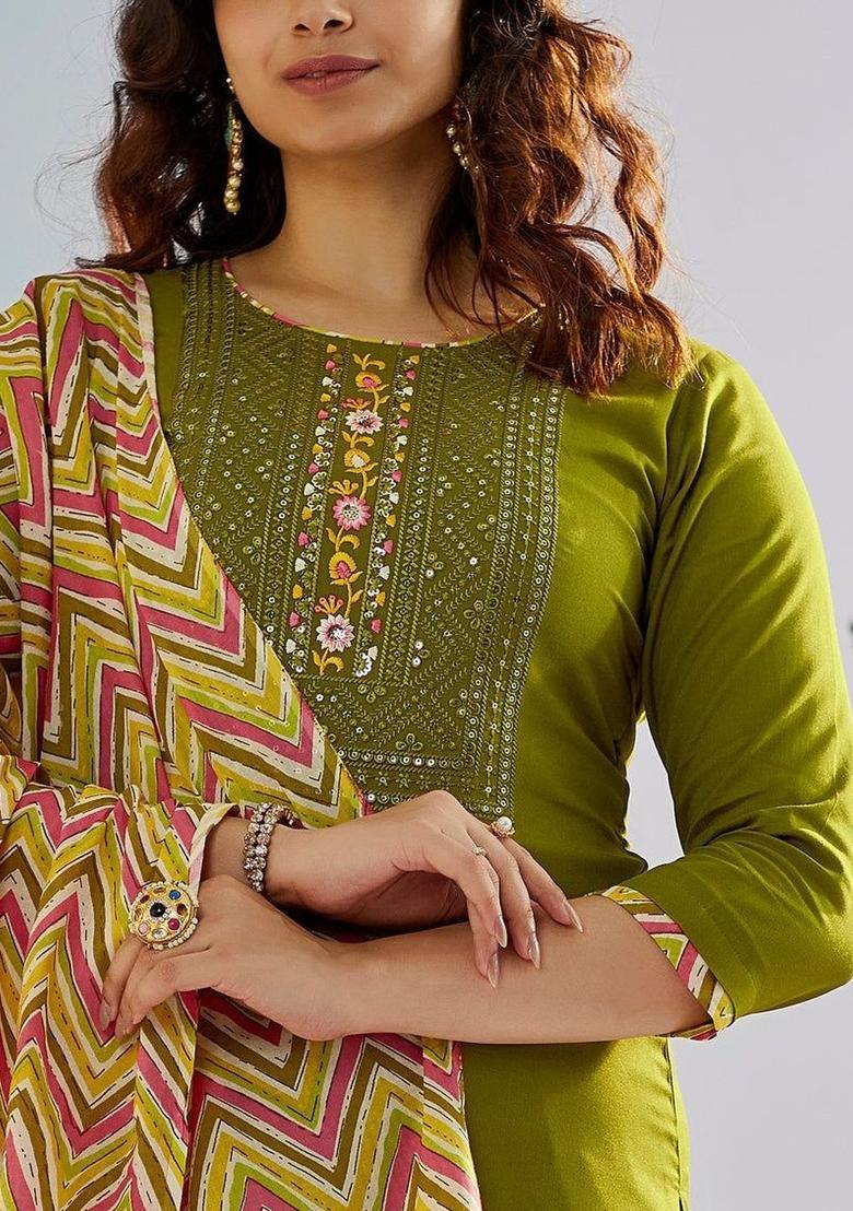 Olive Embroidered Cotton Kurta Set - Indya