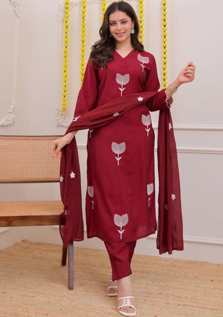 Maroon Self Design Silk Kurta Set - Indya