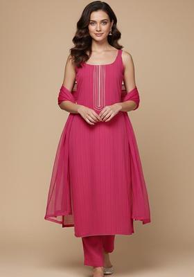 Pink Self Design Silk Blend Kurta Set