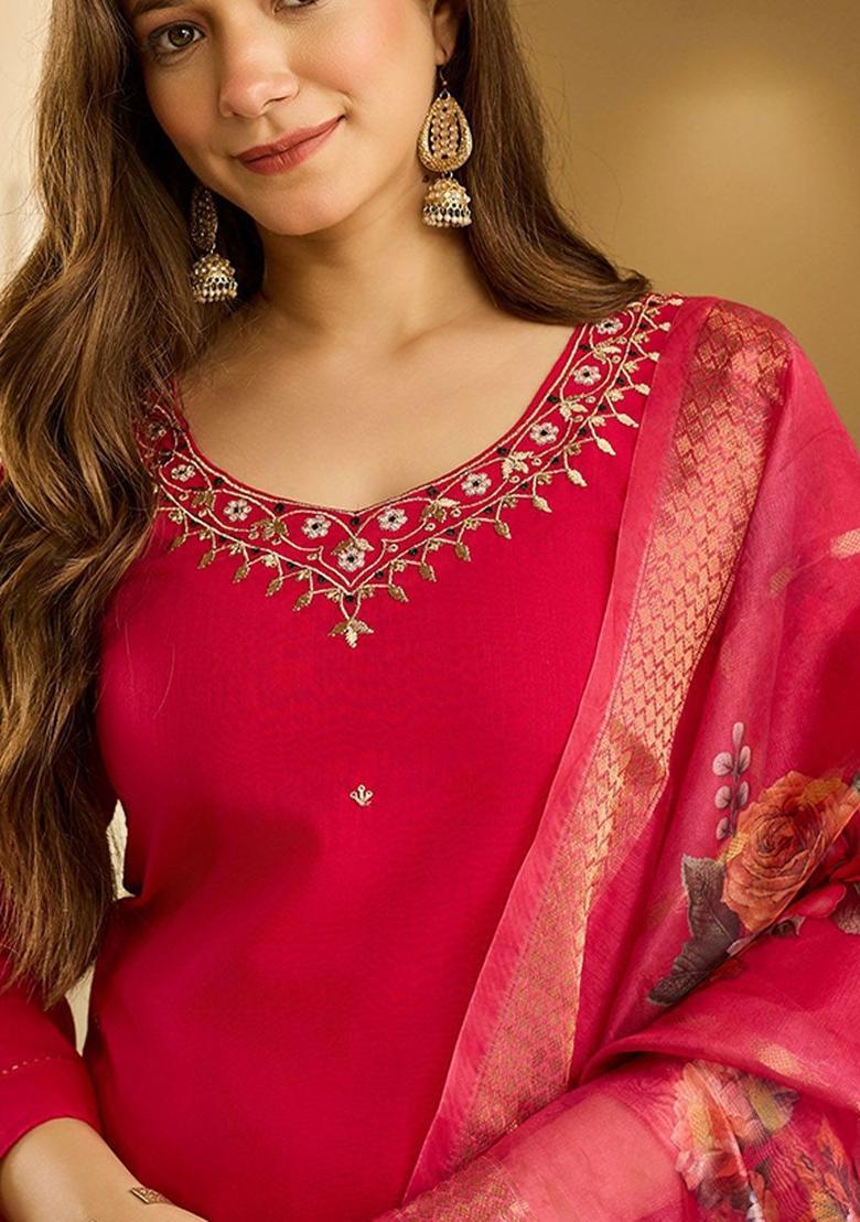 Pink Yoke Design Viscose Kurta Set - Indya