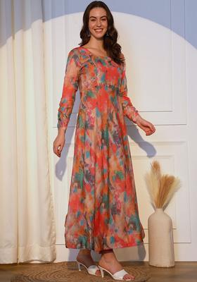 Peach Printed Organza Kurta Set