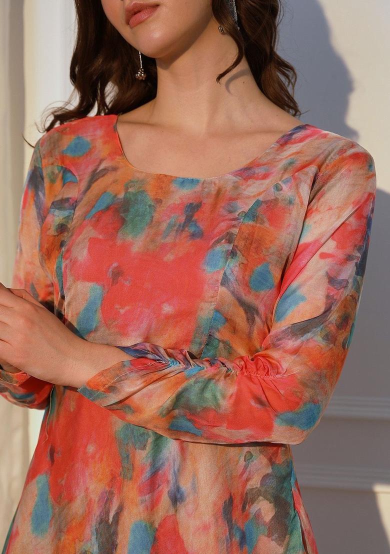 Peach Printed Organza Kurta Set - Indya