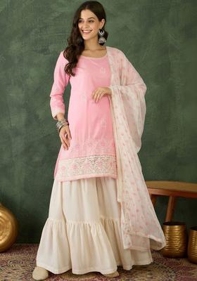 Pink Embroidered Satin Kurta Set