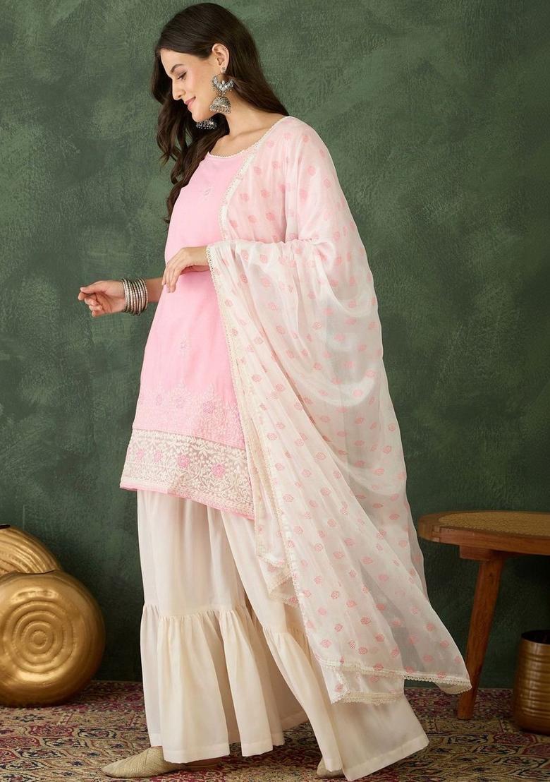 Pink Embroidered Satin Kurta Set - Indya