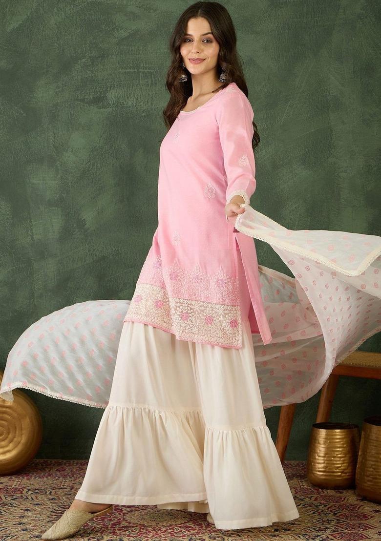 Pink Embroidered Satin Kurta Set - Indya
