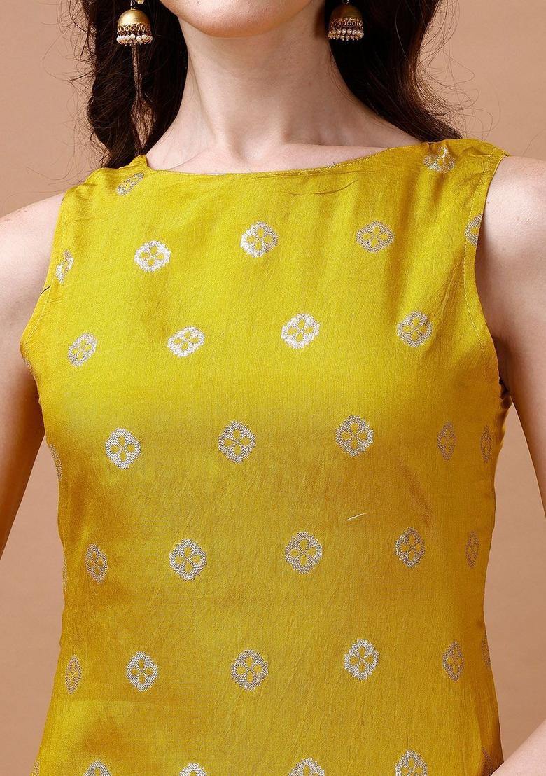 Yellow Woven Design Silk Kurta Set - Indya